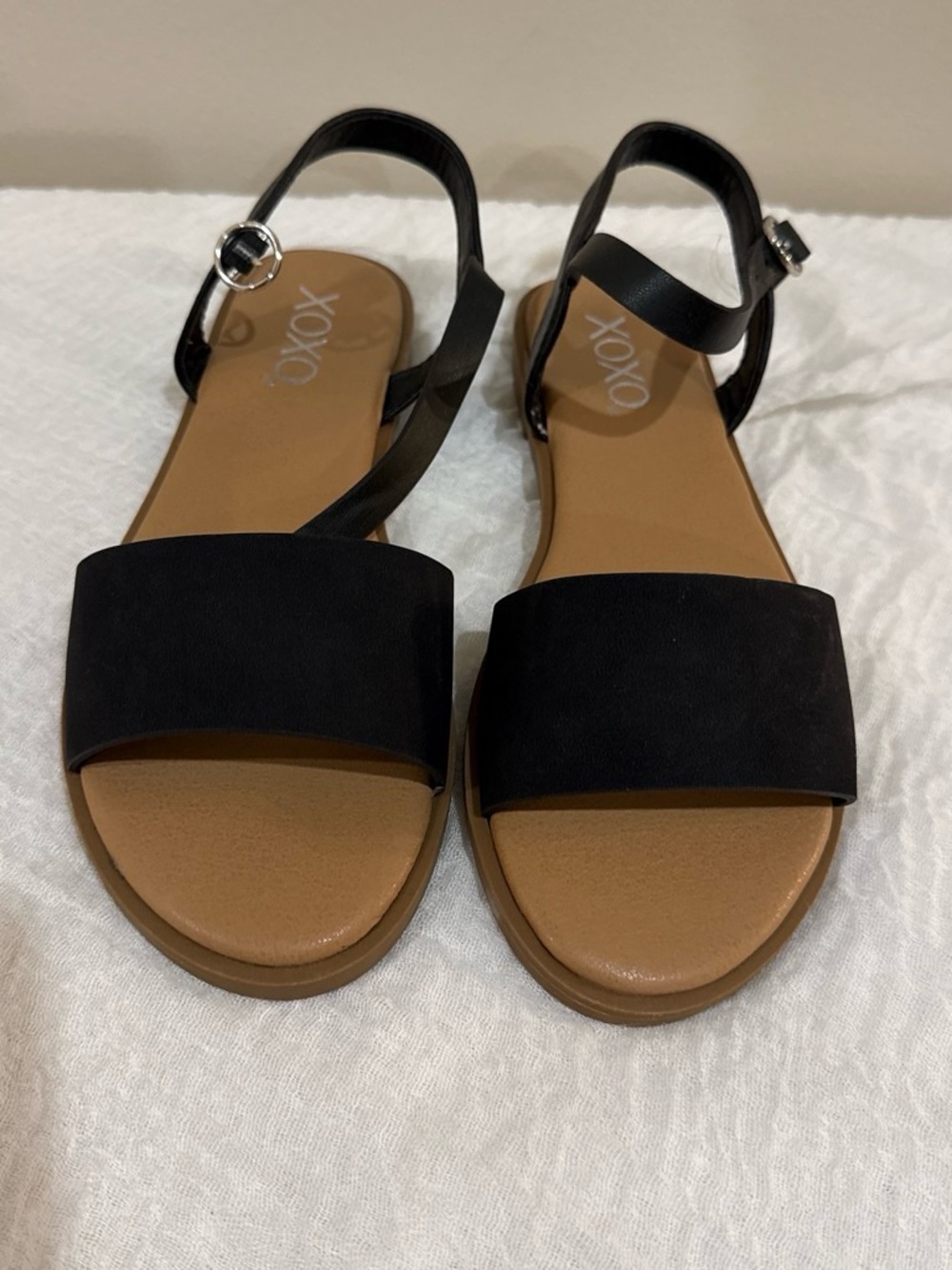XOXO Black and Tan Open-Toe Ankle Strap Sandals